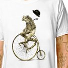 T-Shirt: FROG ON A BIKE / (tshirt tee top) weird victorian toad riding a penny farthing