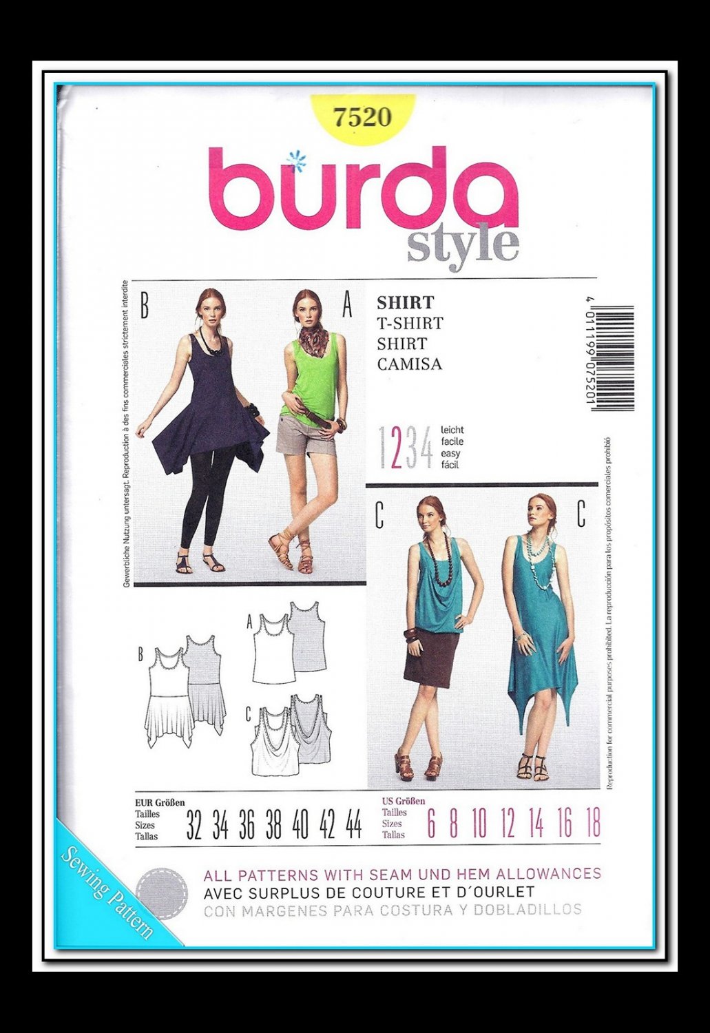 Burda 7520 Women's Plus Uncut-FF Dress Top Sewing Pattern sz:Â 6-18 Â©2010