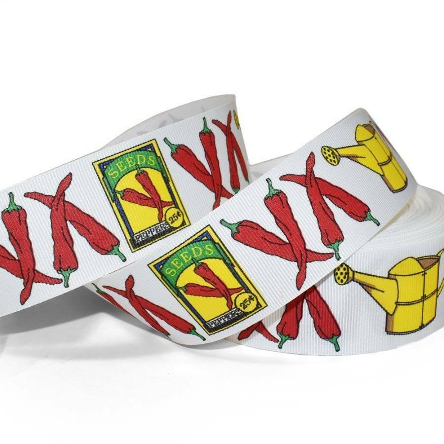 5 Yards SALE Peppers Vegetable Garden Seeds Watering Can Grosgrain Ribbon 1 1/2""