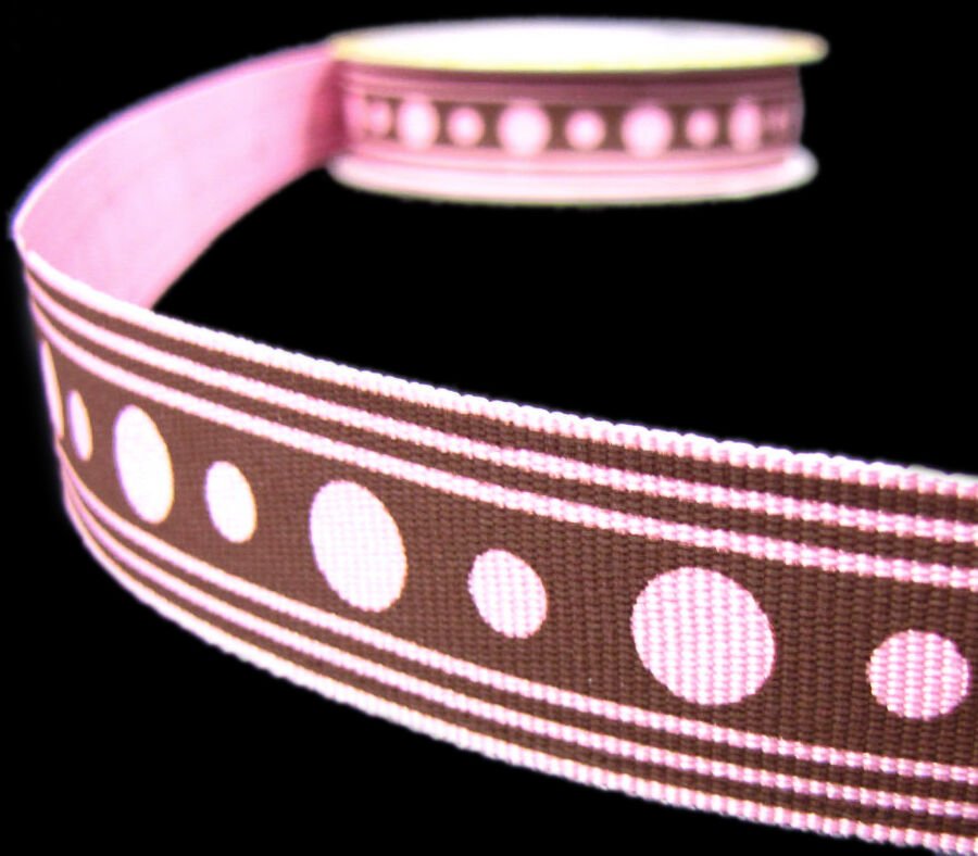 3 Yard Spool Polka Dot Stripes Grosgrain Ribbon 7/8"" Wide Pink Brown