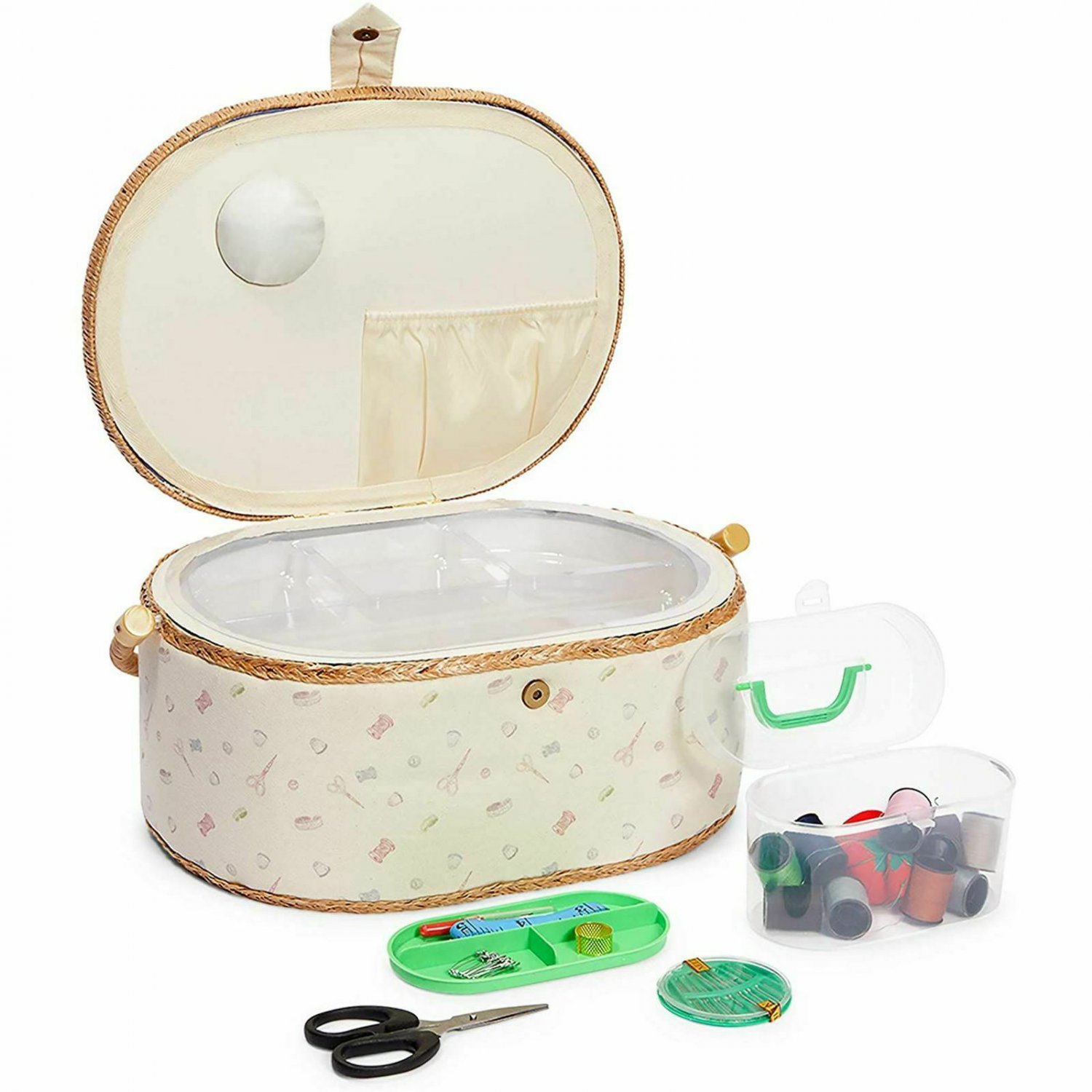 Vintage Sewing Basket Organizer Box Kit with Hand Sewing Supplies, Oval Shaped