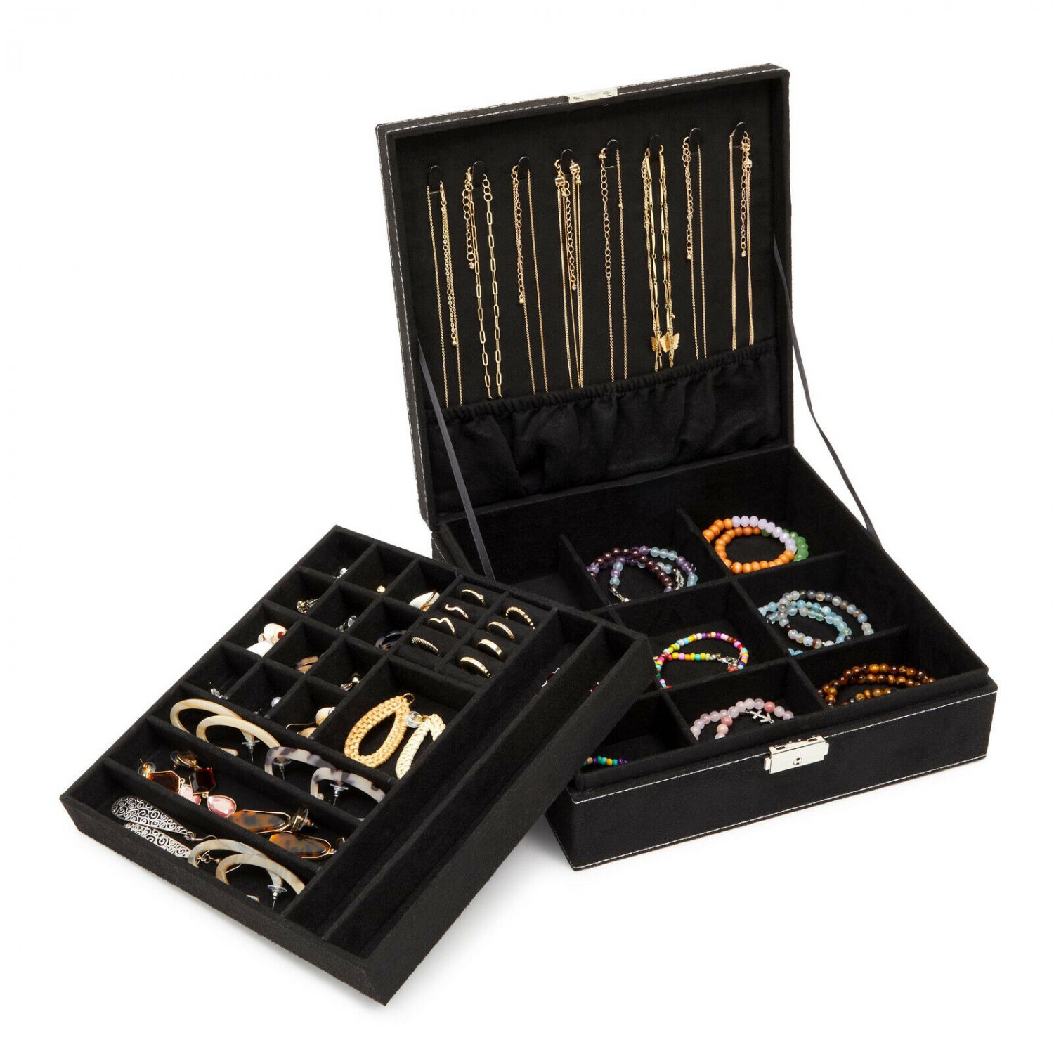 Two Layer Jewelry Box Organizer Display Storage Case with Lock & Key