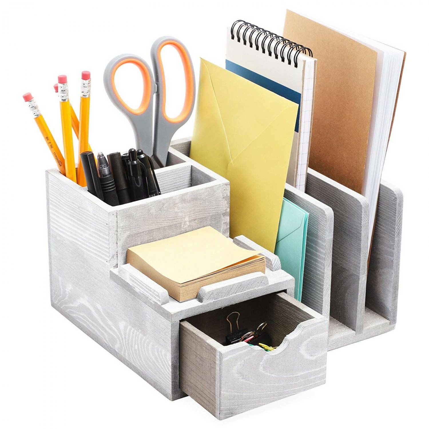 Rustic Wood Office Desk Organizer Desktop Holder for Pencil Pen Memo 4.7 x 8""