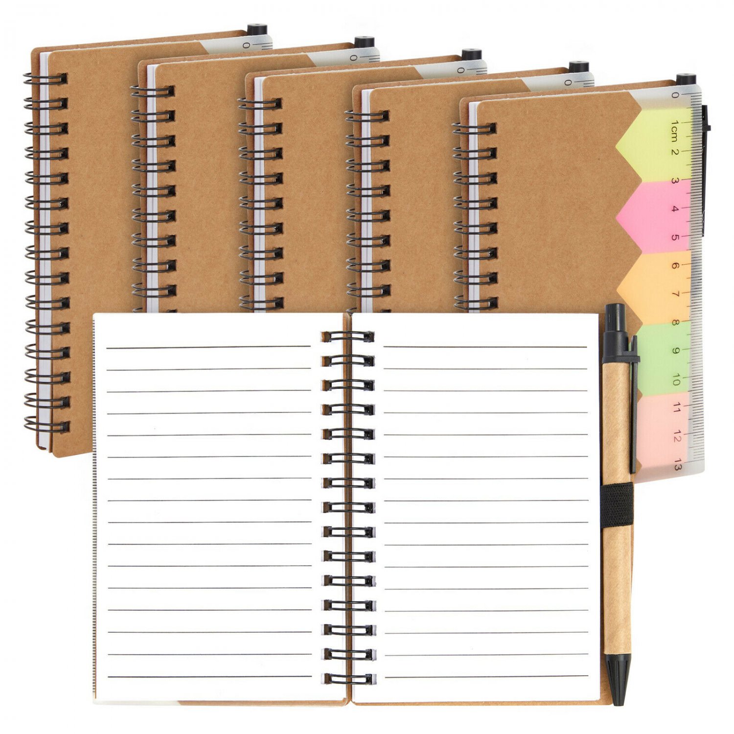 6 Pc Mini Kraft Spiral Notepad with Pen and Sticky Notes, 69 Sheets, 4.25x5.5 In
