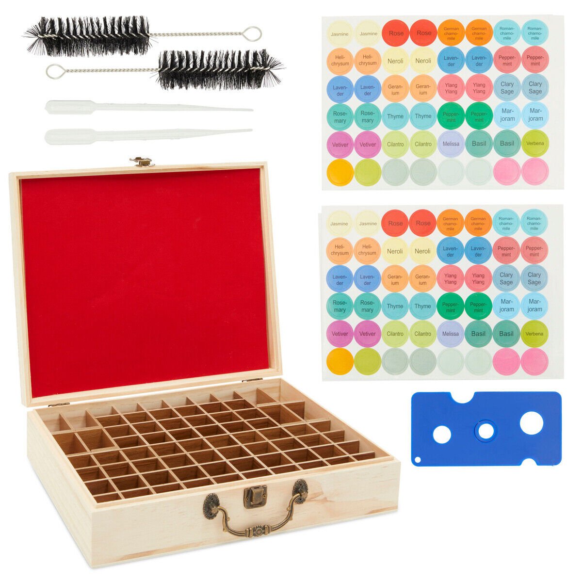 72 Slots Wooden Essential Oil Storage Box with Labels for 5,10,15 ml Bottles