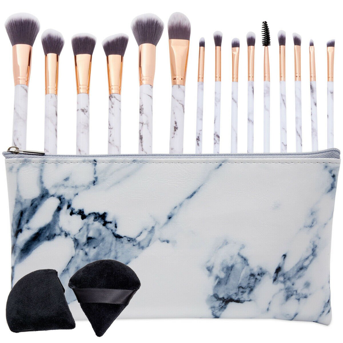 Marble Makeup Brushes Set with Travel Case and Powder Puff (18 Piece Set)