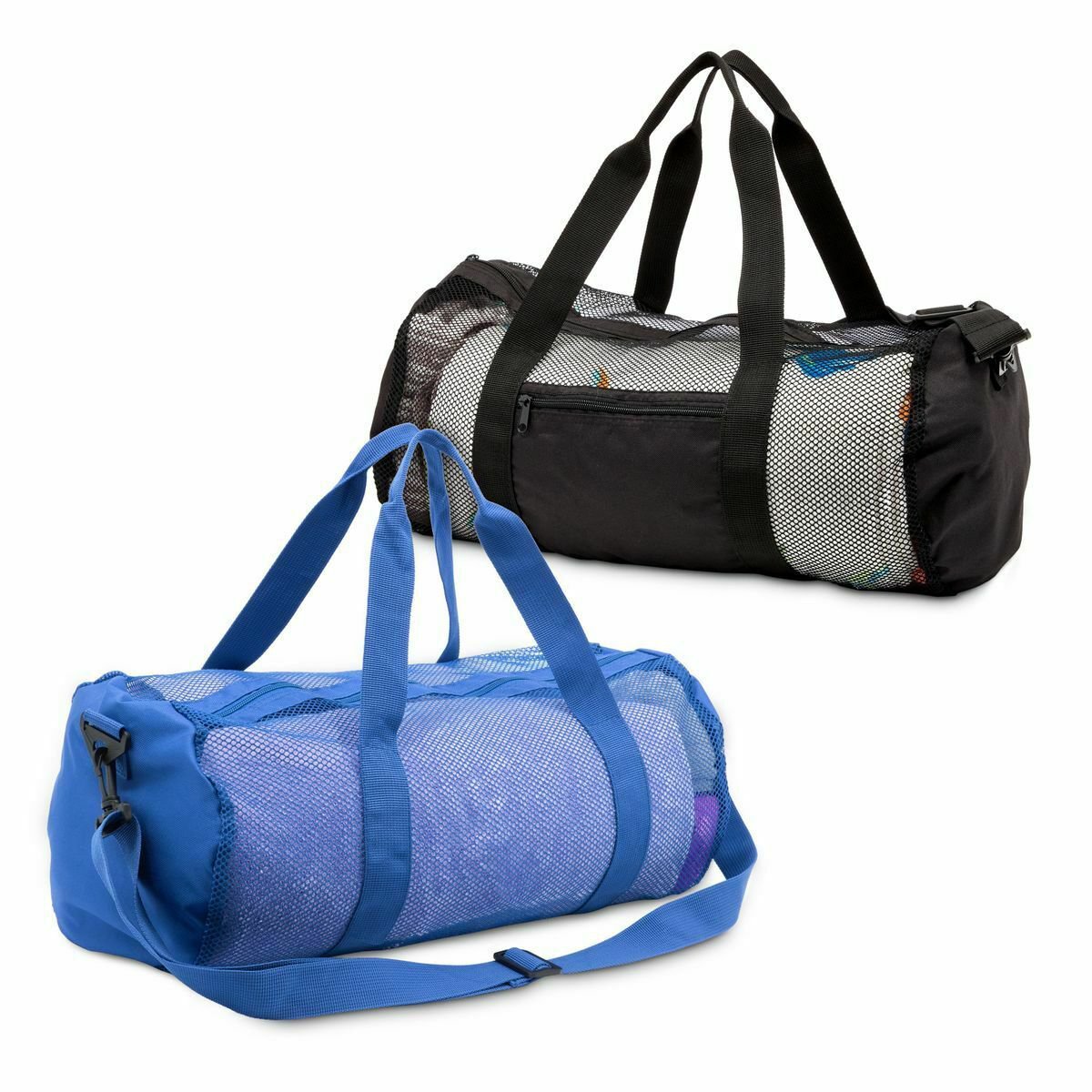 Blue and Black Mesh Duffle Bags for Travel, Gym, Sports (2 Pack)