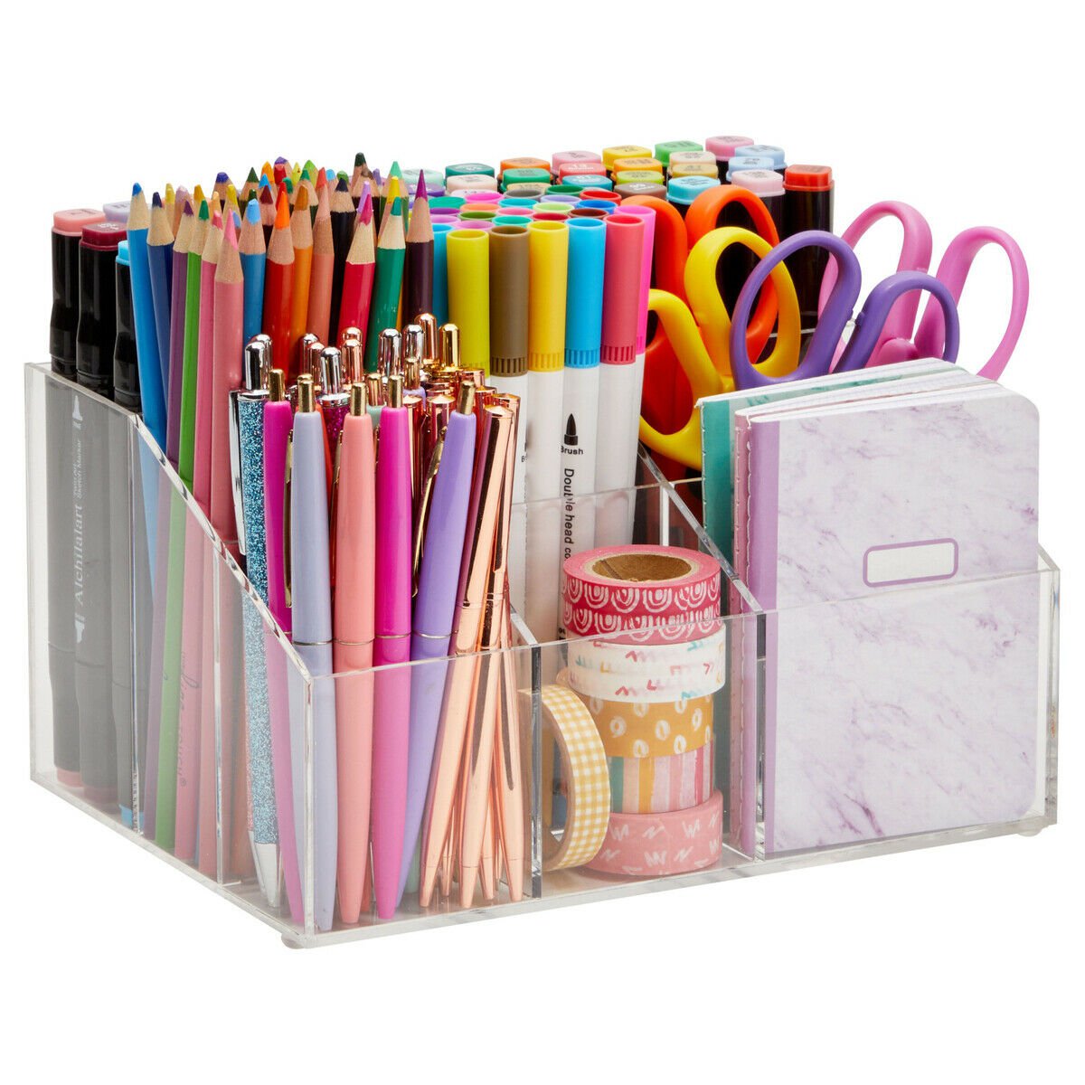 Clear Acrylic Desktop Organizer Pen Holder for Home and Office, 7 Compartments
