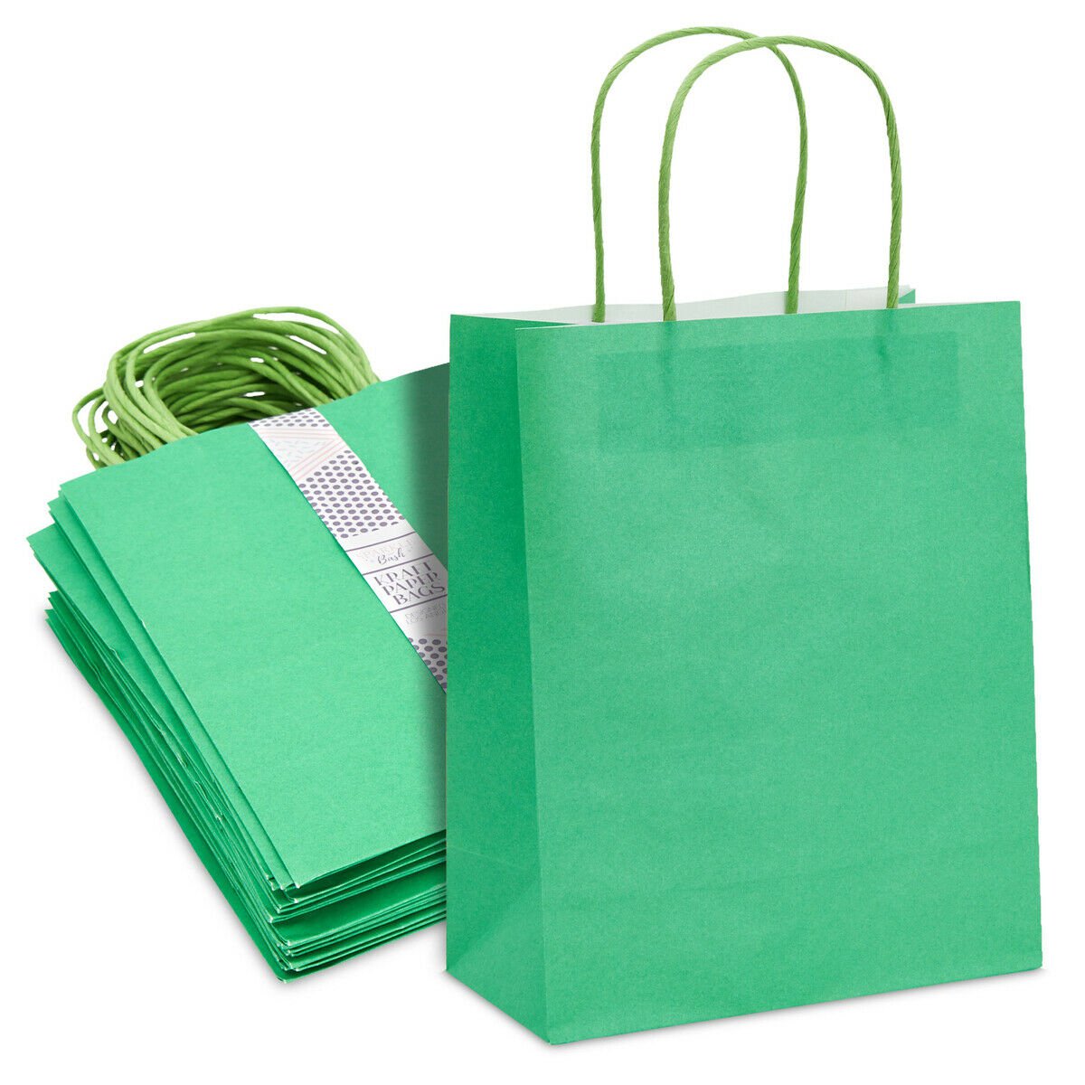 100 Pack Medium Paper Gift Bags with Handle for Birthday Party (8 x 10"", Green)