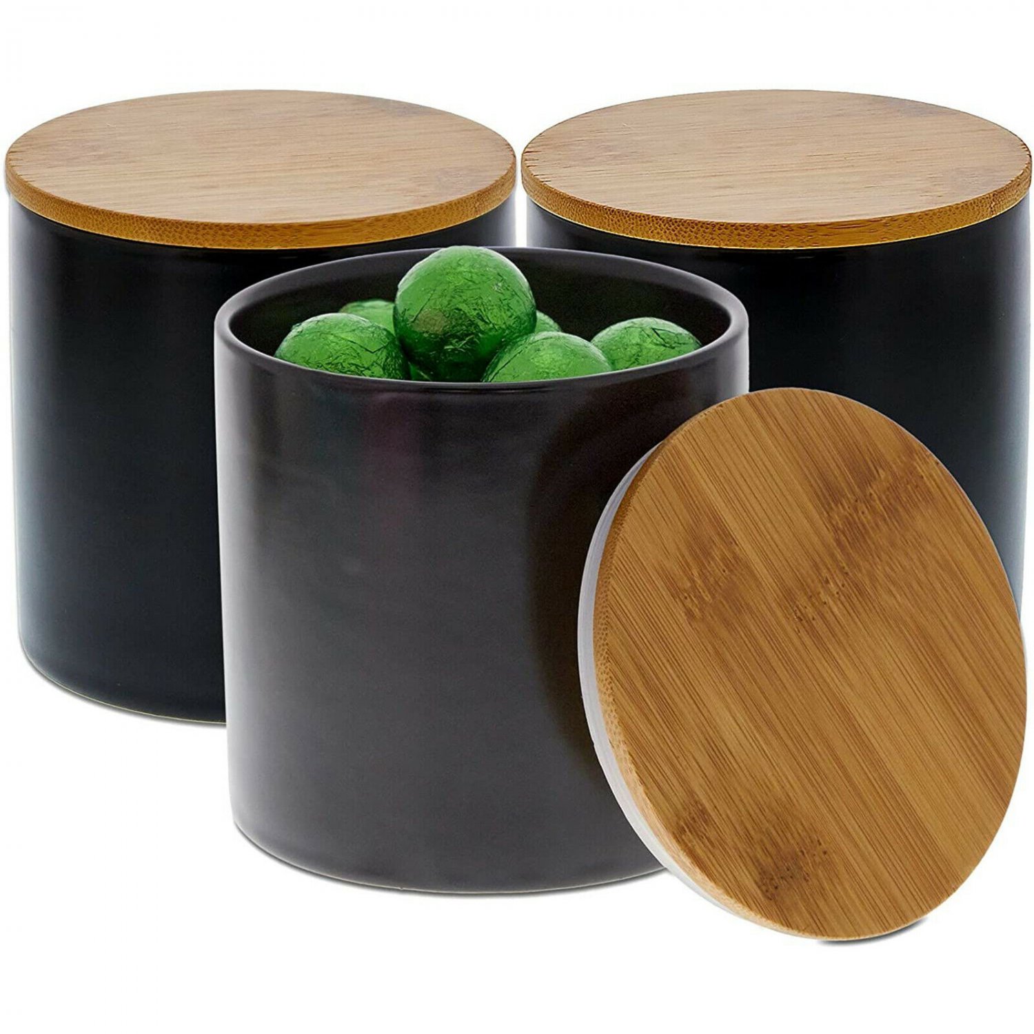 3 Pack Black Ceramic Canisters with Bamboo Lids for Kitchen Organizer, 4 x 4.13""