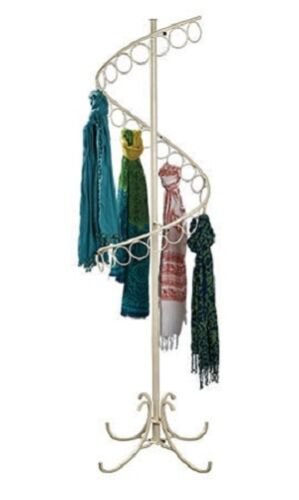 Spiral Scarf Rack Floor Display 27 Rings 72"" Tall x 17"" Ivory Double Curl Finial