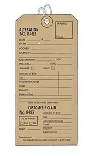 1000 Perforated Tags Pre-Numbered Claim Two Part Tan Alteration Merchandise