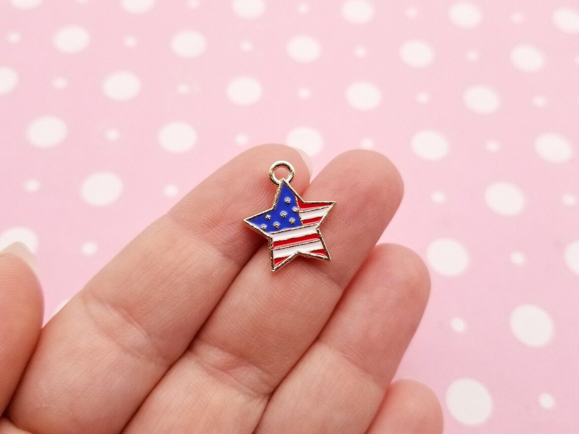 6 Gold Tone Enamel Cute 4th of July Flag Star Charms, Holiday Independence Day Enamel Pendants