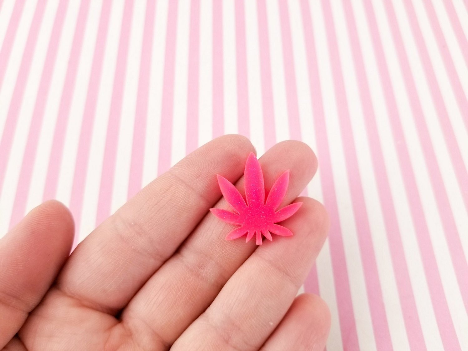 3 Small Watermelon Pink Glitter Laser Cut Acrylic Pot Leaf Cabochon Charms, Marijuana, Weed, Hemp