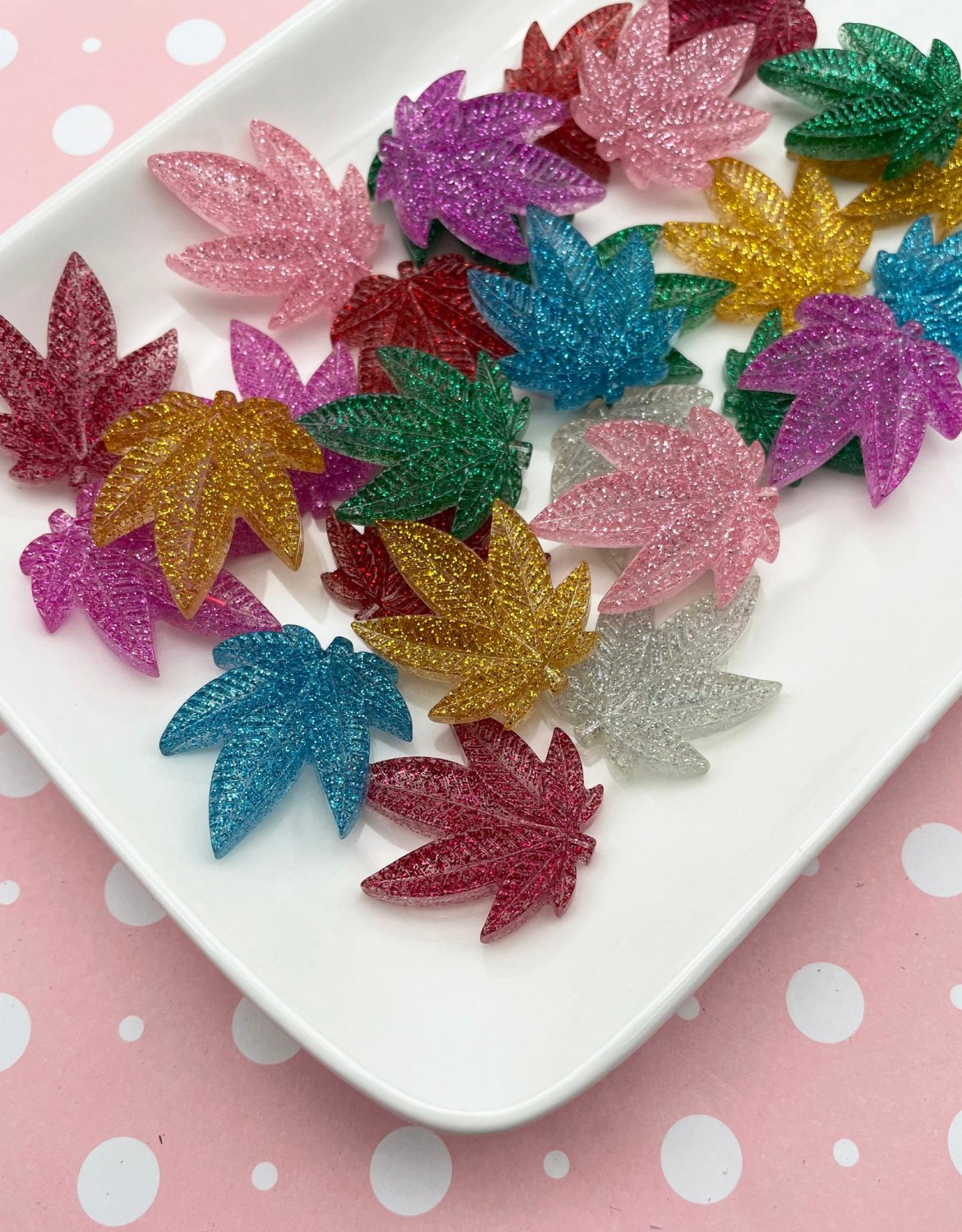 3 Multicolor Glittery Pot Leaf Cabochon Charms, Marijuana, Weed, Hemp