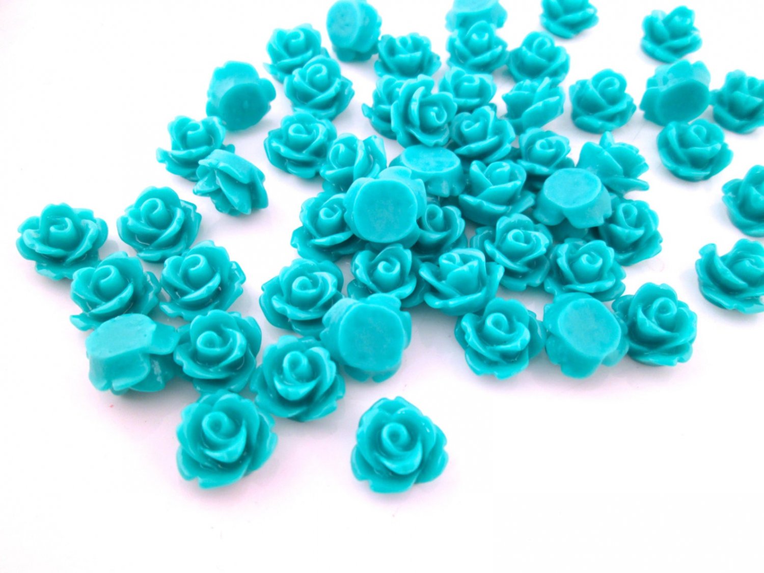 12 Teal Blue 10mm rose flower cabochons