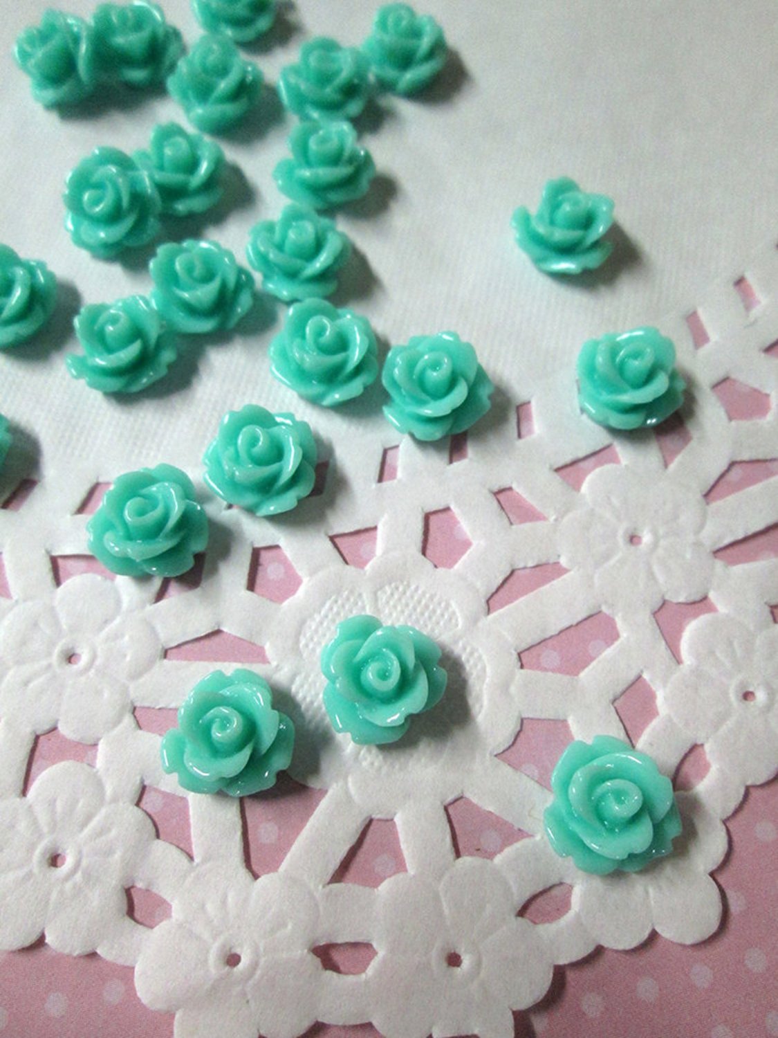 12 Aqua Blue 10mm rose flower cabochons, cute flower cabs