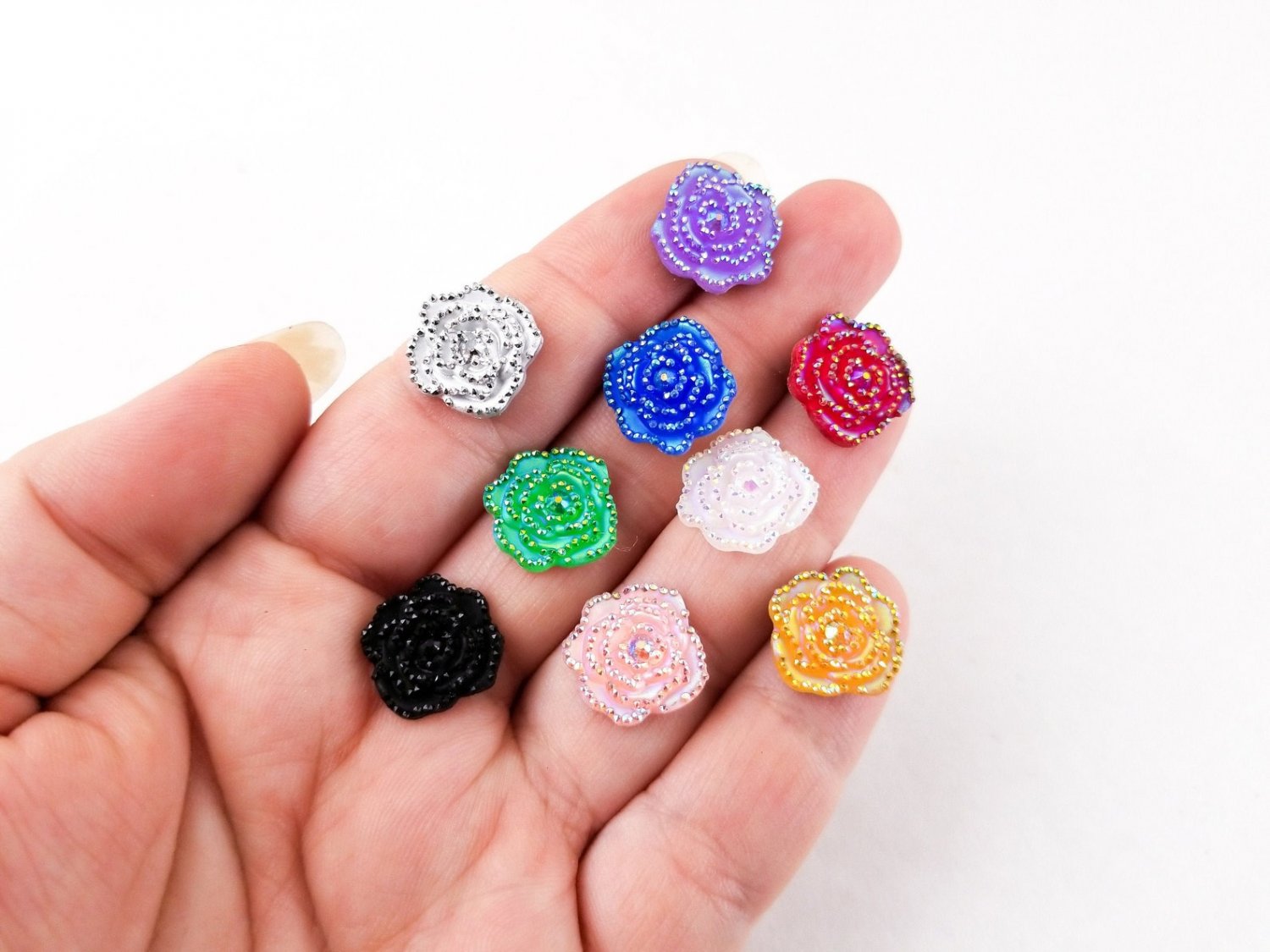 25 Multicolor 14x3x14mm Iridescent Glitter Rose Flower Cabochons, Resin Cabochons, Flower Cabs, H485