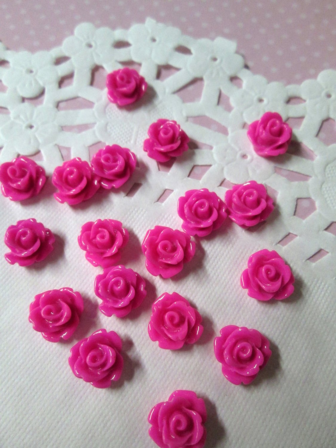 12 Hot Pink 10mm rose cabochons, cute flower cabs for embellishment and jewelry