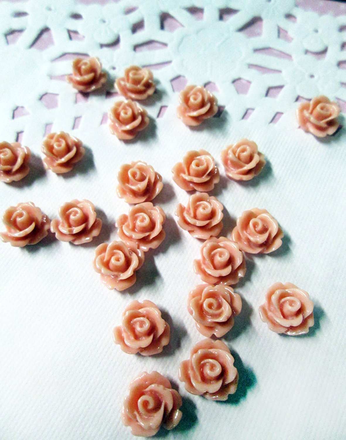 12 Coral 10mm rose flower cabochons, cute cabs for embellishment and jewelry