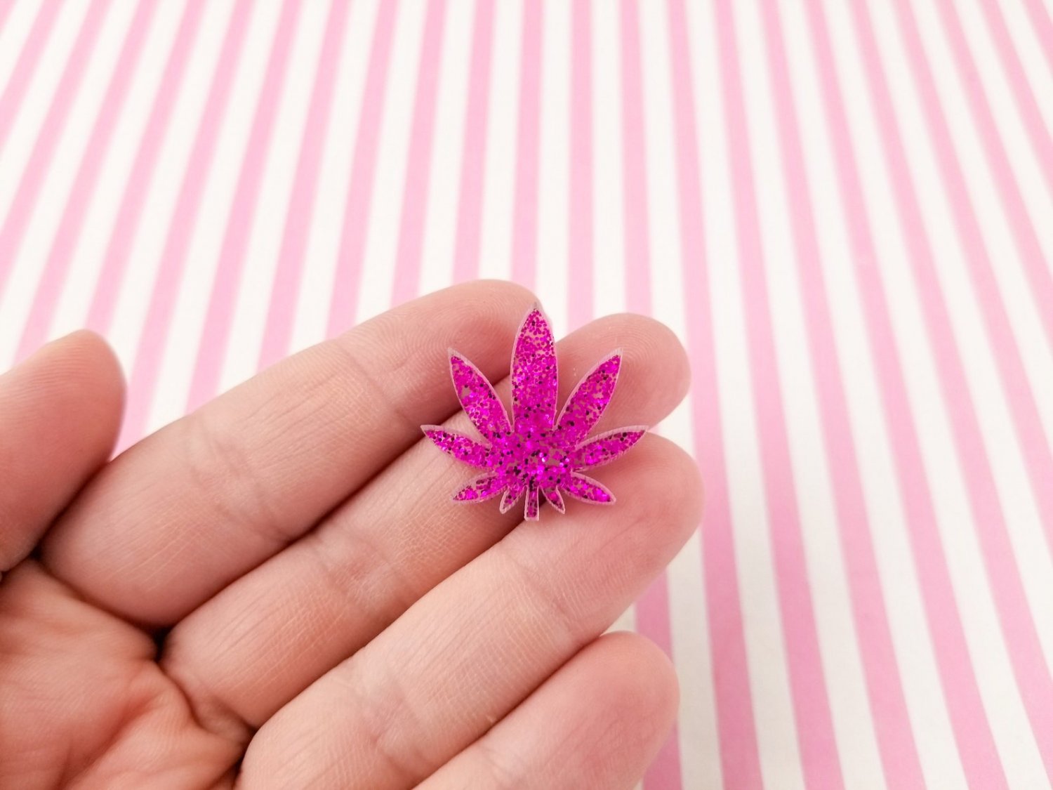 3 Small Magenta Purple Glitter Laser Cut Acrylic Pot Leaf Cabochon Charms, Marijuana, Weed