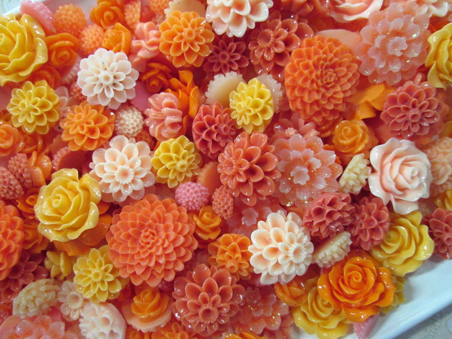 10 Piece Orange and Melon Mix Flower Cabochons Grab Bag 10pc Roses Mums (DESTASH SALE) F670