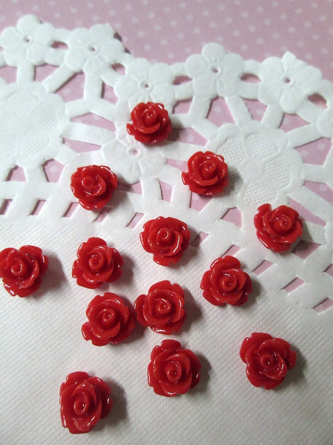 12 Red 10mm rose flower cabochons, cute flower cabs