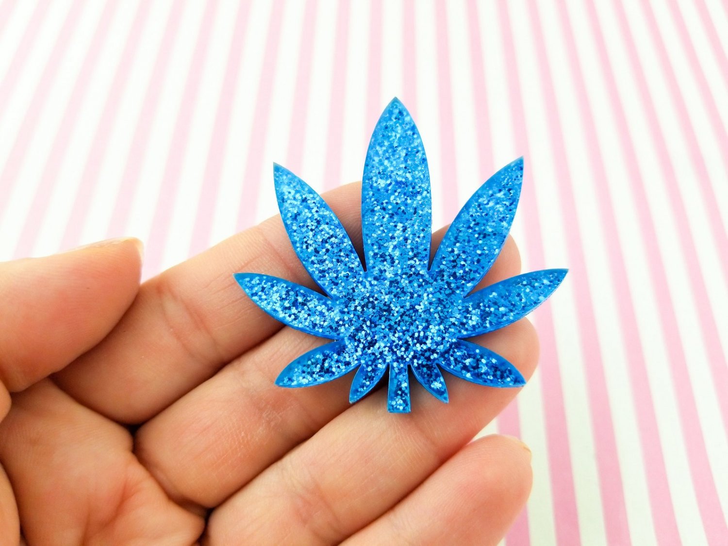 1 Large Blue Glitter Laser Cut Acrylic Pot Leaf Cabochon Charms, Marijuana, Weed