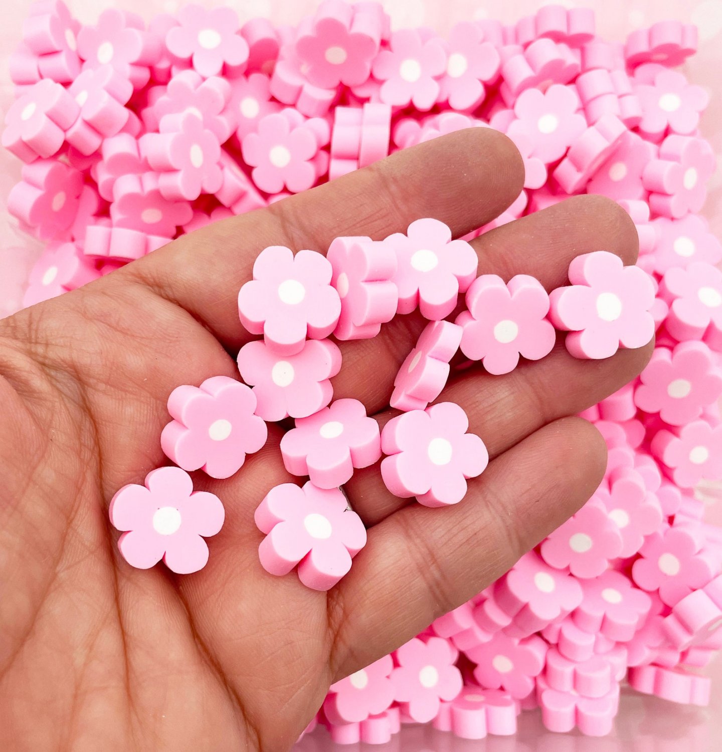 10 Large Polymer Clay Pink Flowers, Cane Slices, Miniature Clay Shapes, H506