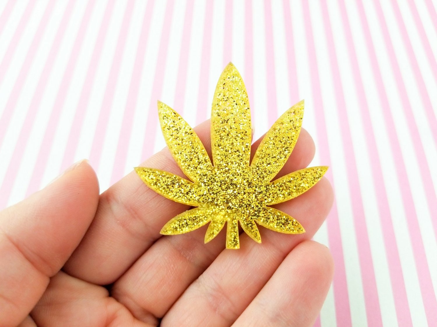 1 Large Yellow Gold Glitter Laser Cut Acrylic Pot Leaf Cabochon Charms, Marijuana, Weed, Hemp