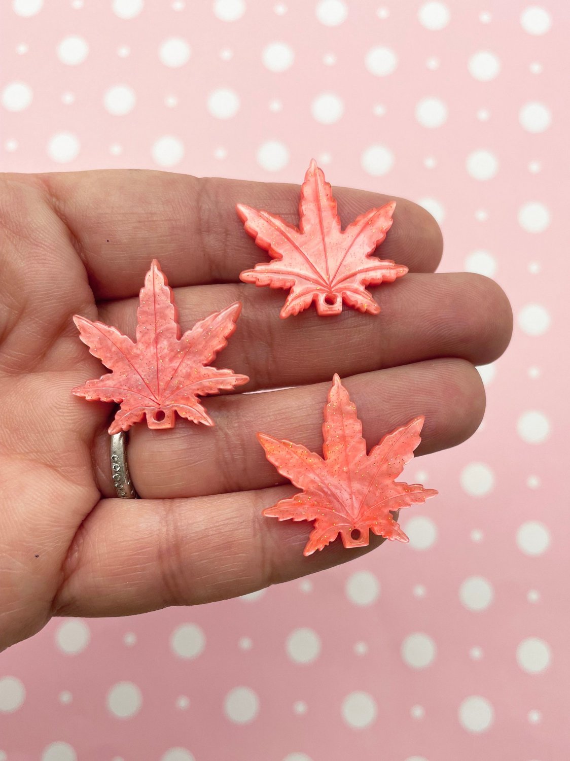 5 Watermelon Pearly GlitterAcrylic Pot Leaf Pendant Charms, Marijuana, Weed, Hemp