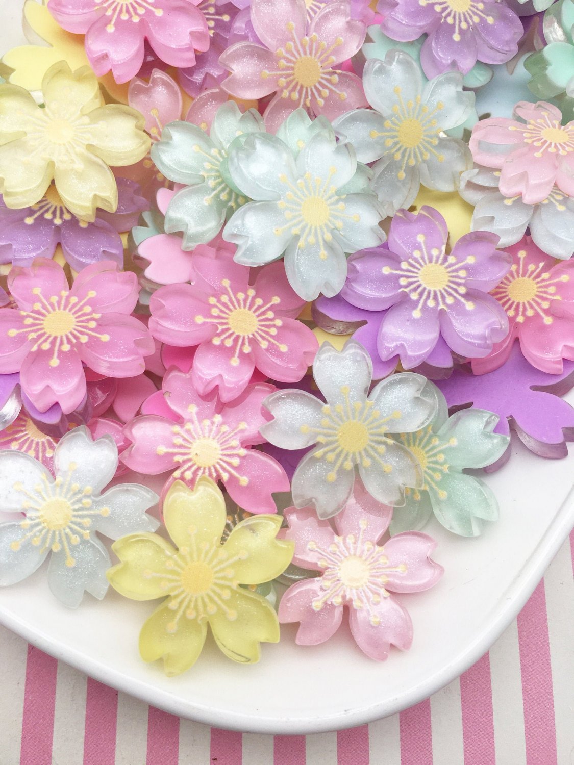 5 Pastel Sakura Flower Cabochons, Cute Glittery Cherry Blossom Cabs #1635
