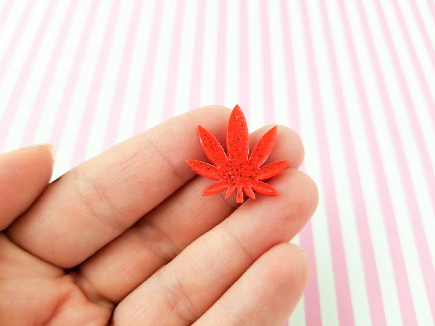3 Small Red Glitter Laser Cut Acrylic Pot Leaf Cabochon Charms, Marijuana, Weed, Hemp