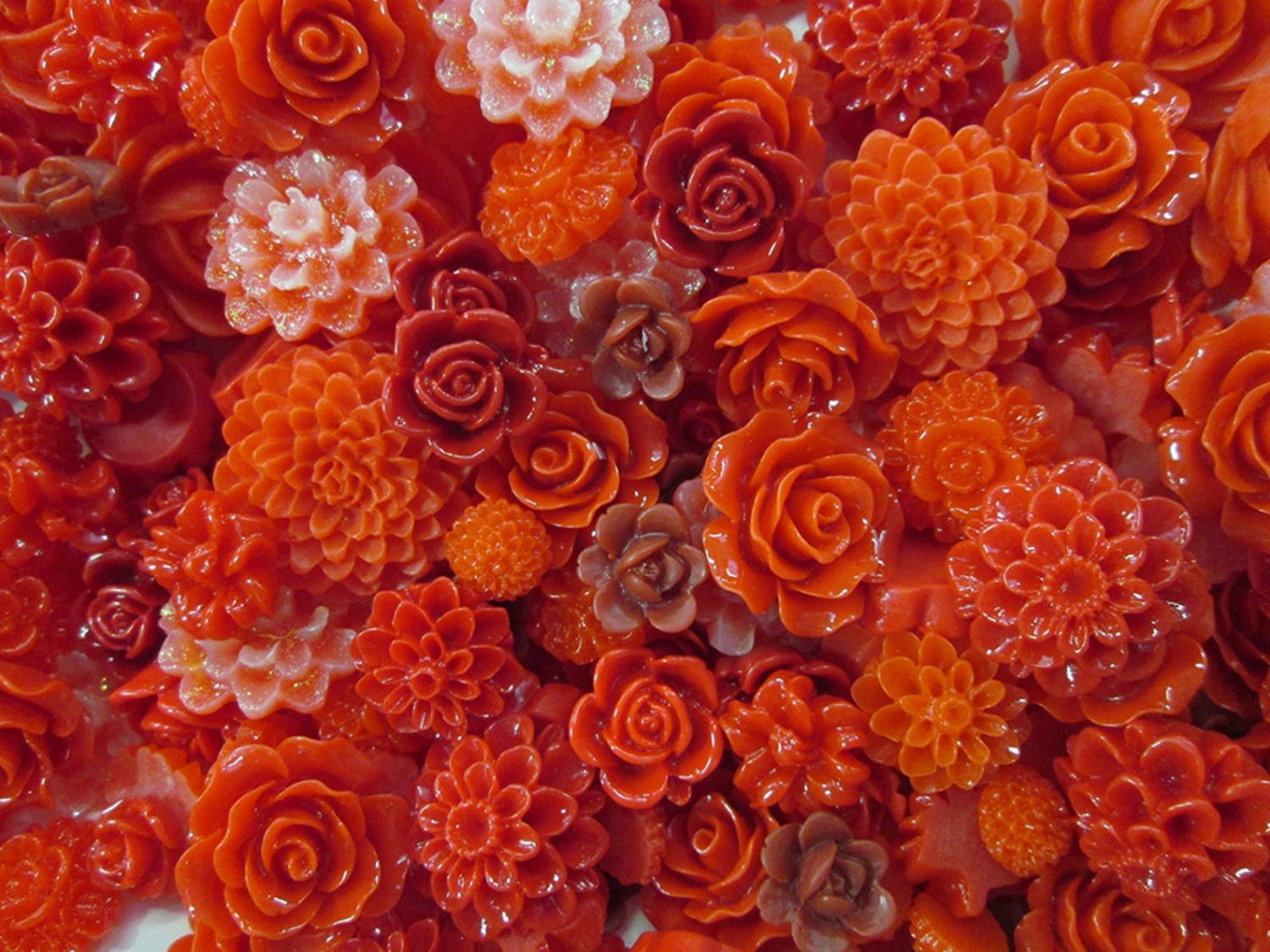 10 Piece Red Mix Flower Cabochons Grab Bag 10pc Roses Mums (DESTASH SALE) F668
