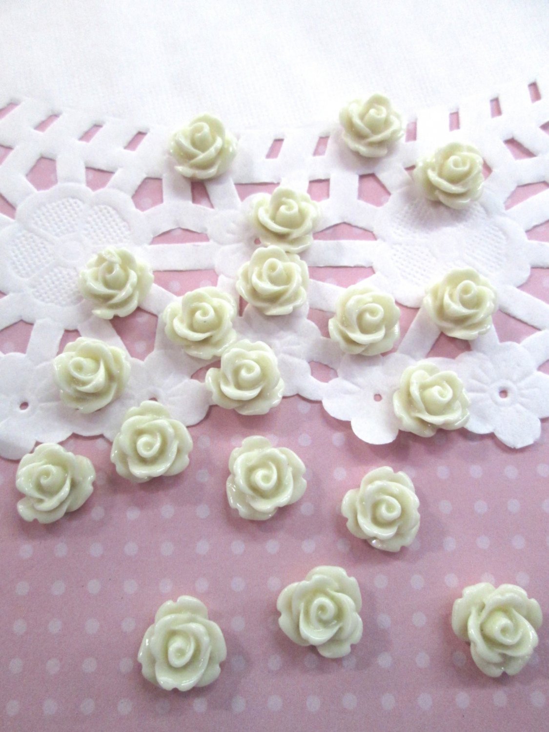 12 White 10mm rose cabochons, cute flower cabs