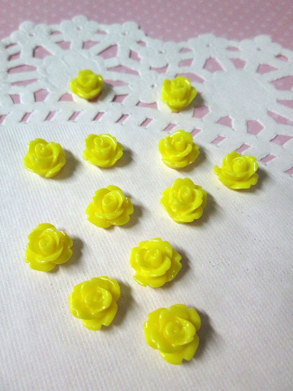 12 Yellow 10mm rose flower cabochons, cute flower cabs