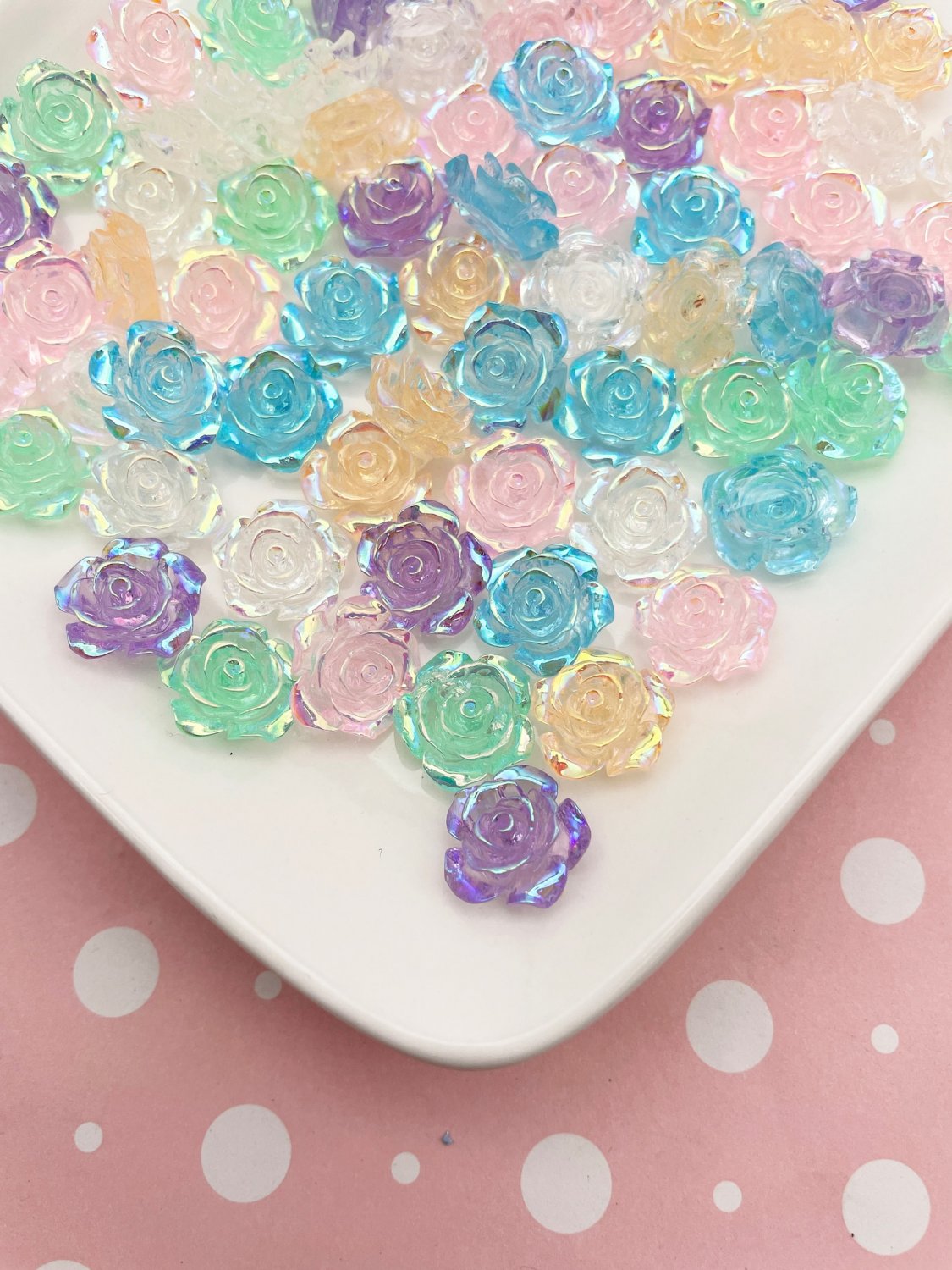 Twelve 15mm Pastel AB Rose Cabochons, Cute Transparent Flower Cabs