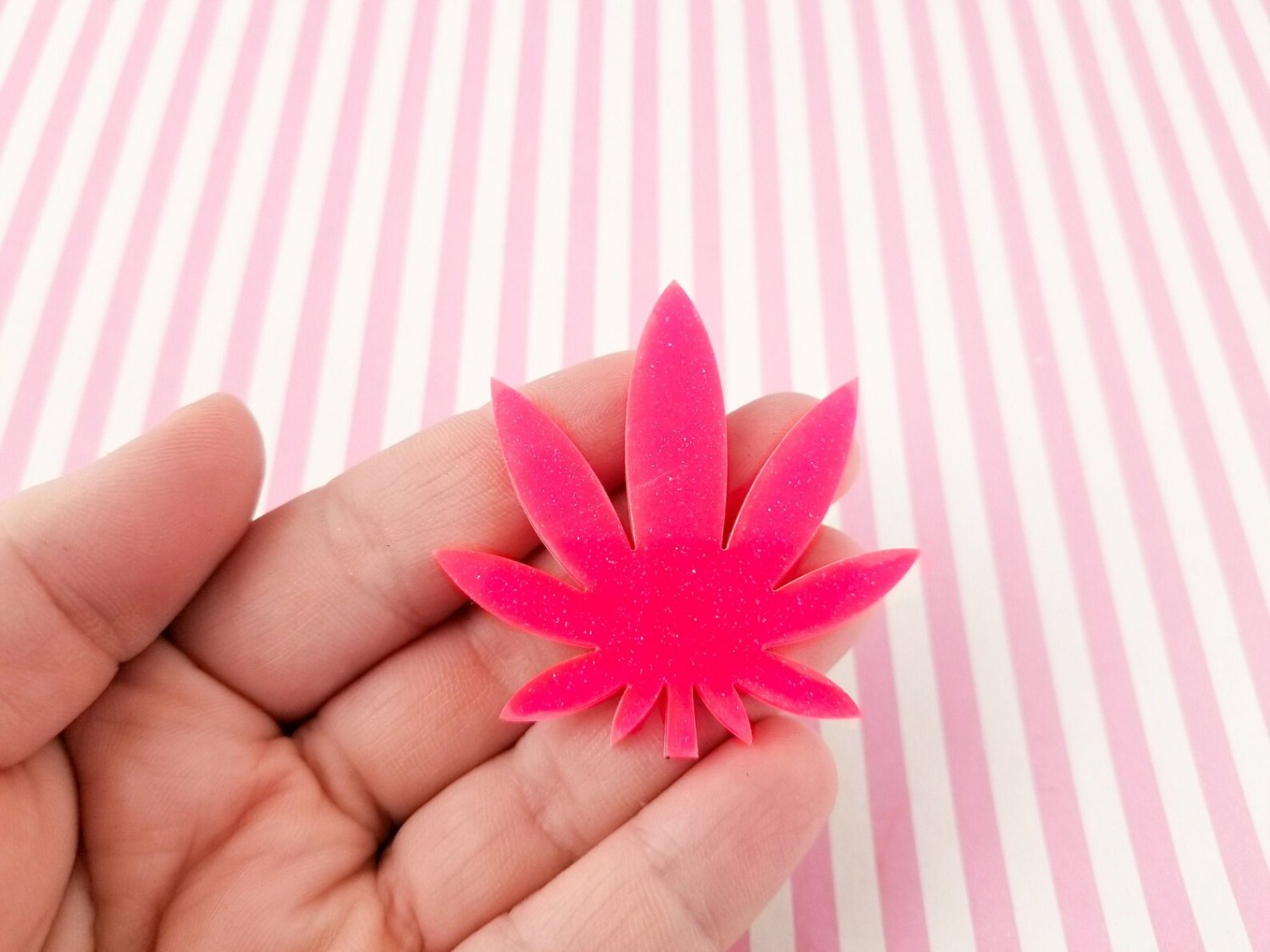 1 Large Watermelon Pink Glitter Laser Cut Acrylic Pot Leaf Cabochon Charms, Marijuana, Weed, Hemp