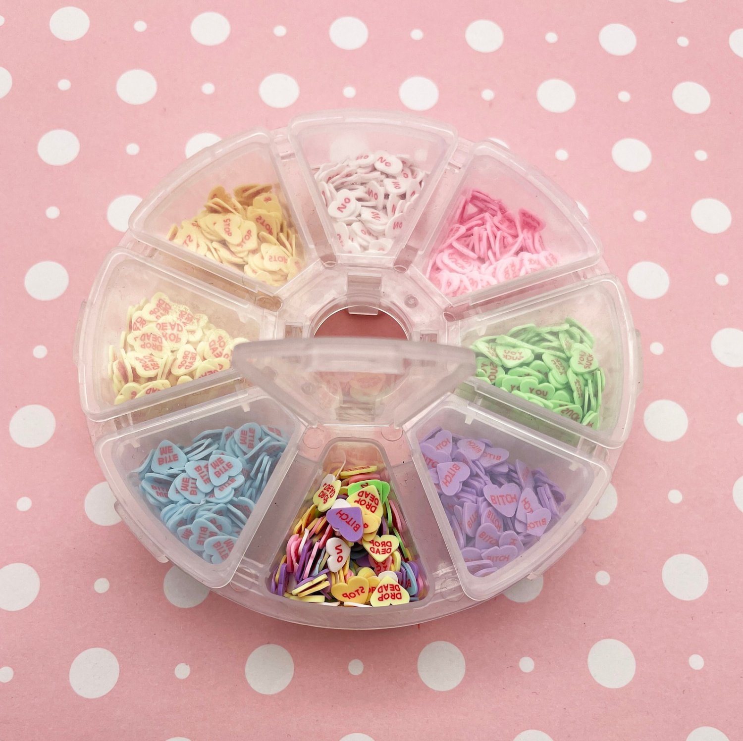 1 Wheel Mean Conversation Hearts Valentines Day Themed Polymer Sprinkle Mix-in Sets with 8 compartme