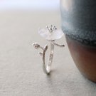 Dainty Plum blossom Flower Sterling Silver Natural White Crystal Adjustable  Nature Botanical Ring