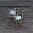 Clear Crystal Dangle Earrings Cubic Dainty Sterling Silver Aurora Swarovski Crystal Earrings