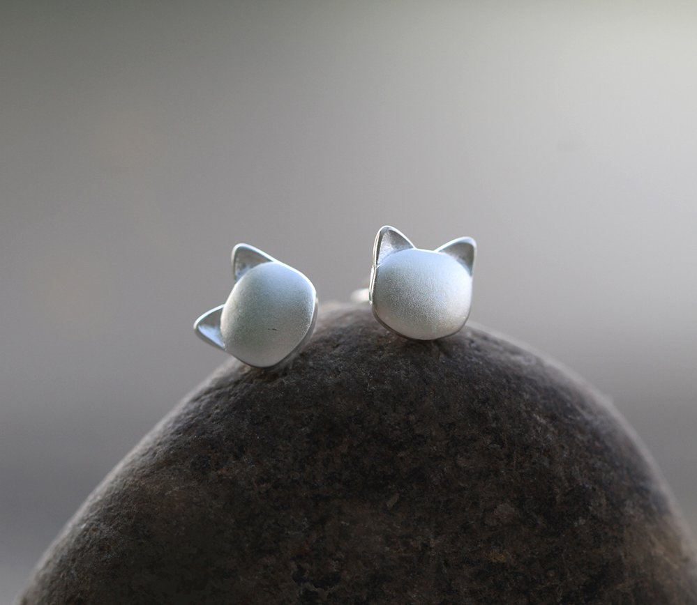 Sterling Silver Cat Head Earrings Studs Kitty Kitten Animal Minimalist Minimal Earrings Kids