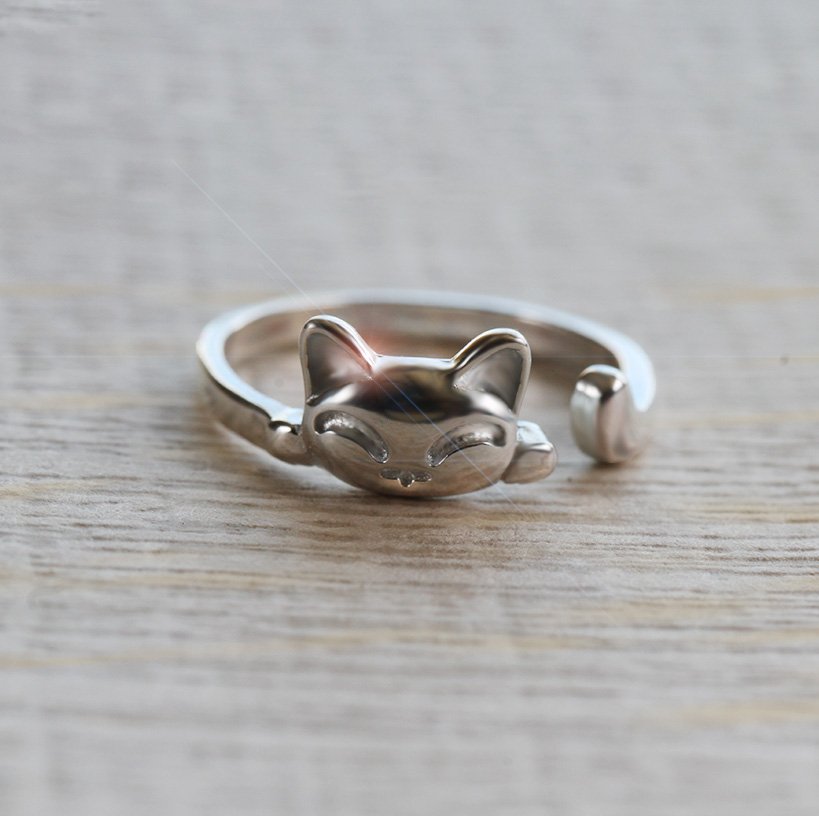3D Sterling Silver Cat Head Silhouette Ring 3 Dimensional Animal Ring Cute Kitty Dainty Ring