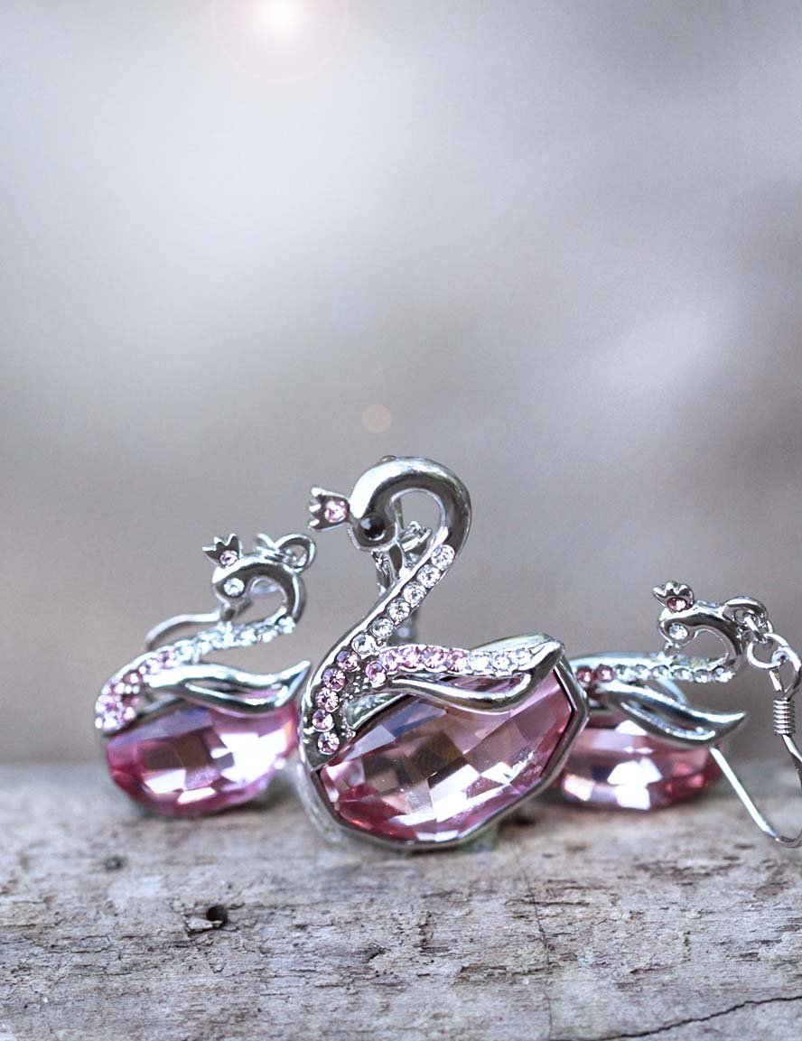 Swan Necklace Earrings Set Swarovski Pink Crystal Element Animal