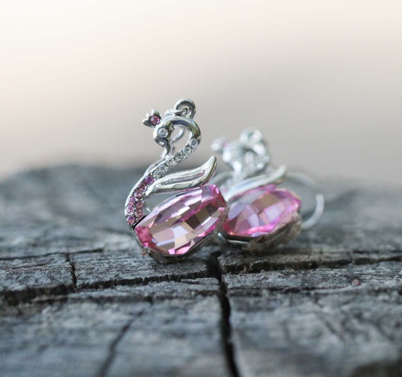 Swan Necklace Earrings Set Swarovski Pink Crystal Element Animal