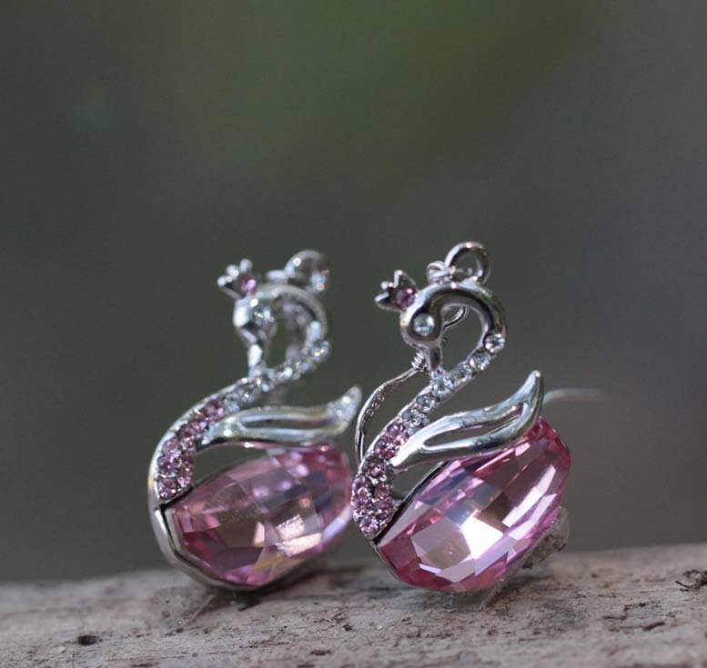 Swan Necklace Earrings Set Swarovski Pink Crystal Element Animal