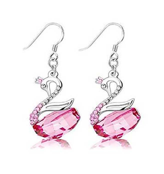 Swan Necklace Earrings Set Swarovski Pink Crystal Element Animal