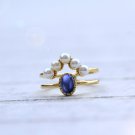 14 Gold Vermeil Pearl Ring Silver Double Layered Adjustable Open Ring Dark Blue Crown Ring