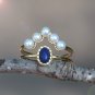 14 Gold Vermeil Pearl Ring Silver Double Layered Adjustable Open Ring Dark Blue Crown Ring