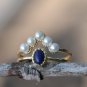 14 Gold Vermeil Pearl Ring Silver Double Layered Adjustable Open Ring Dark Blue Crown Ring